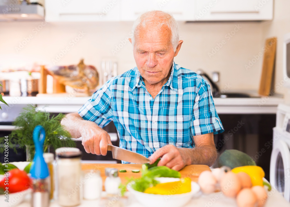 senor man preparing fresh vegetable salad at home in the kitchen senor man preparing fresh vegetable salad at home in the kitchen