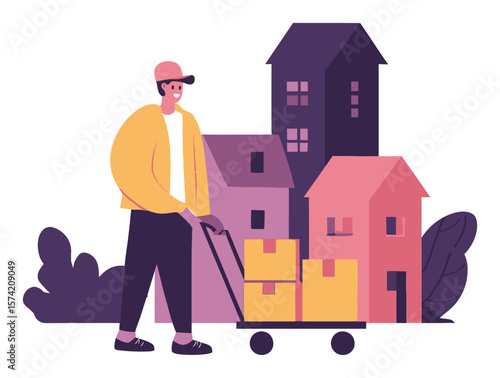 Vector Illustration of Delivery Person with Cart in Urban Setting