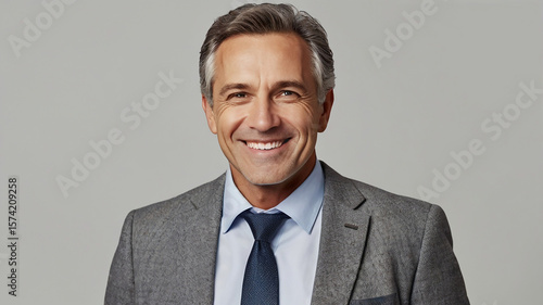 Smiling confident mature businessman portrait. Happy mid adult, man in jacket tie isolated on white background. Entrepreneur executive manager demonstrates leadership, success and experience