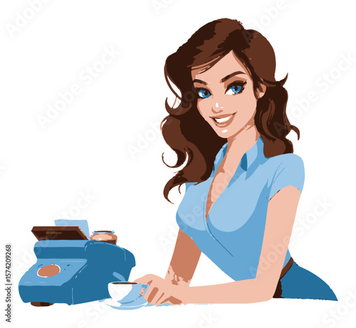 Happy Barista Serving Coffee with Coffee Machine in Cartoon Style