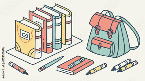 Collection of school supplies including books backpack and writing utensils isolated on white background