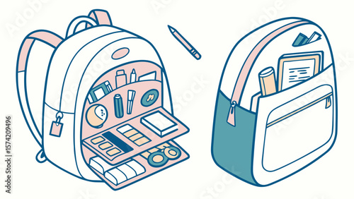 Two stylized backpacks with stationery and school supplies isolated on white background