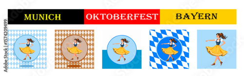 From the "oktoberfest" series, a set of girl in a dirndl dances a folk dance  with different variants of bavarian ornaments and backgrounds