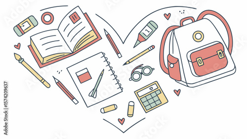 Hand drawn school supplies arranged in a heart shape isolated on white background