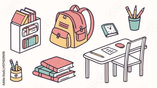 Collection of school supplies including backpack books desk chair and pencils isolated on white background
