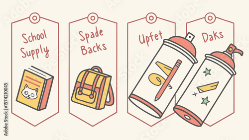 Collection of cute hand drawn school supplies and spray paint cans isolated on white background