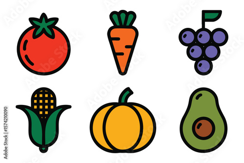 Vibrant Produce Icons: Tomato, Carrot, Grapes, Corn, Pumpkin, Avocado
