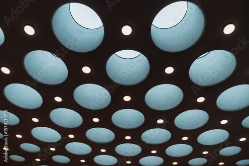 Futuristic ceiling with circular skylights and artificial lights, modern architectural design, abstract geometric pattern, minimalistic interior concept, creativity and symmetry.
