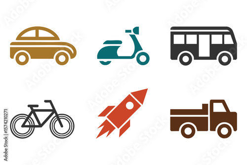 Transportation Icons: Car, Scooter, Bus, Bicycle, Rocket, Truck - Vector Graphics