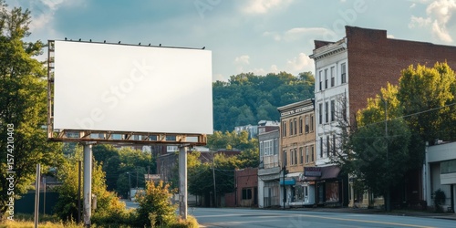 Empty billboard on quiet street in small town with historic buildings