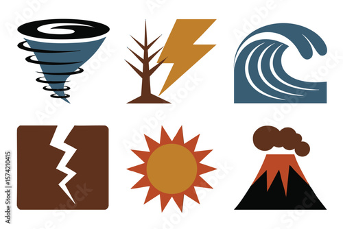 Natural Disaster Icons: Tornado, Lightning, Tsunami, Earthquake, Drought, Volcano, Sun