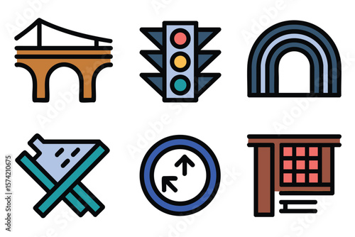 Vibrant City Icons: Transportation, Infrastructure & Navigation Graphics