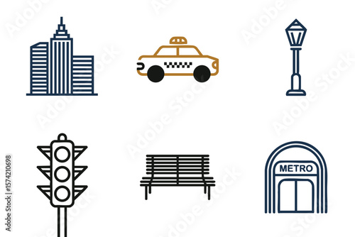 NYC Cityscape Icons: Taxi, Skyscrapers, Subway & More