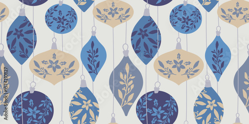 Christmas seamless pattern with vintage blue and beige ornaments