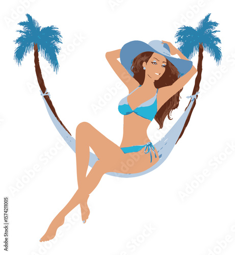 Relaxing Beauty in a Hammock with Tropical Trees and Hat