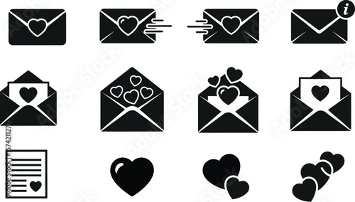 Collection of black and white love letter icons with various heart shapes