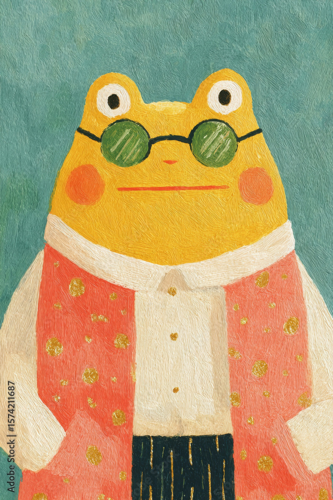 Fototapeta premium Chubby frog wearing glasses, looks intelligent and adorable in attire