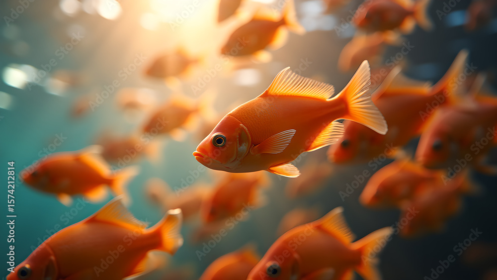 Fototapeta premium A school of vibrant goldfish swimming gracefully in clear water illuminated by sunlight in aquarium