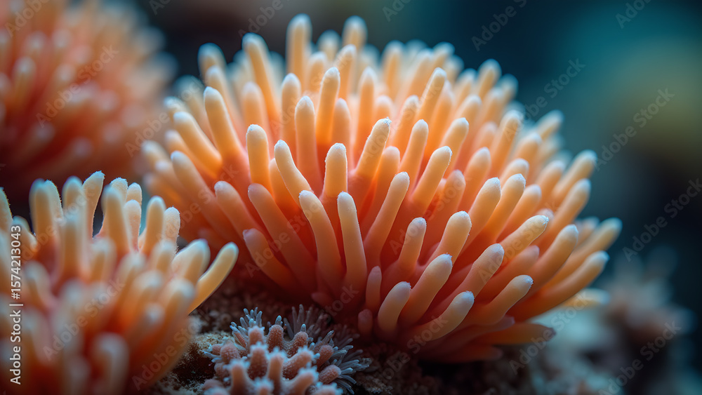 Fototapeta premium Captivating closeup showcases the vibrant beauty of a coral reef anemone in a tranquil underwater scene that displays marine life