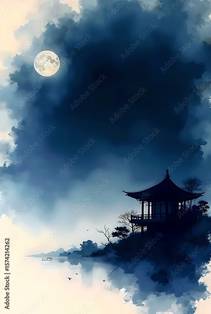 Obraz premium Serene Moonlit Pavilion - Dark Ink Shadow