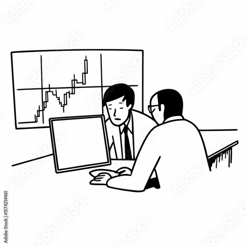 Two diverse crypto traders brokers stock exchange market investors discussing trading charts research reports growth using pc computer looking at screen analyzing invest strategy, financial risks.