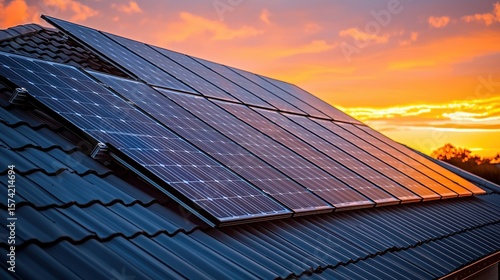 Panel mounting system solar rooftop installation residential golden hour warm sunlight dramatic shadows three-dimensional support structure