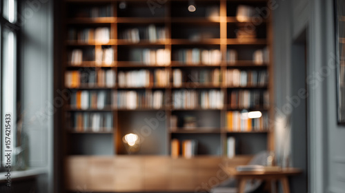 Blurred image highlighting a large wall-mounted bookshelf or cabinet in the background