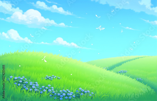 Green Grassland Under Blue Sky and White Clouds