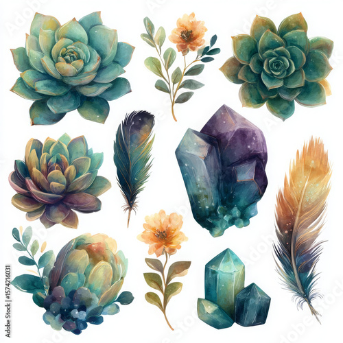 Refreshing still life with crystal, succulents and feather look so delightful