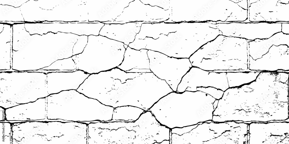 Obraz premium white textured wall with cracks and brick foundation, creating a distressed and some dark spots, textured appearance. it looks aged