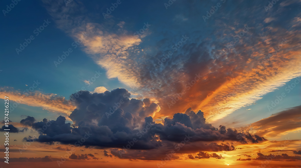 Fototapeta premium Dramatic sunset sky with vibrant colors, featuring fluffy clouds and golden sunlight.