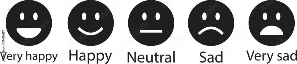 Fototapeta premium Feedback emoticon black flat icon set. Very happy, happy, neutral, sad and very sad emoji. Rating face emoji good to bad customer feedback indicator for survey, reviews, experience and satisfaction.