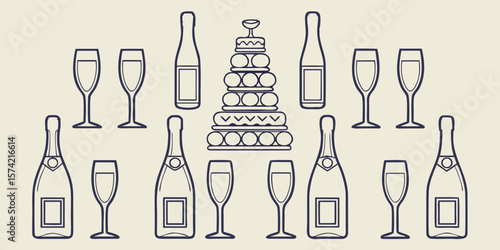 Celebratory champagne bottles and glasses with tiered cake