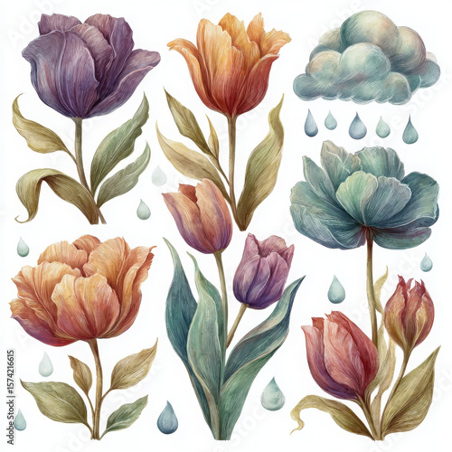 Watercolor tulips with raindrops create serene, joyful nature scene