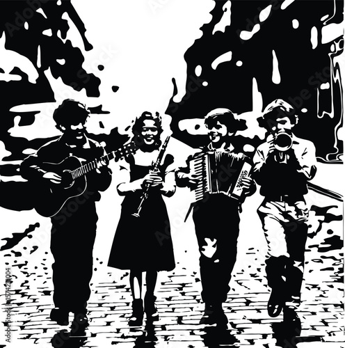 Black-and-White Vector Illustration of Street Musicians – 4-Item Performance Group Scene