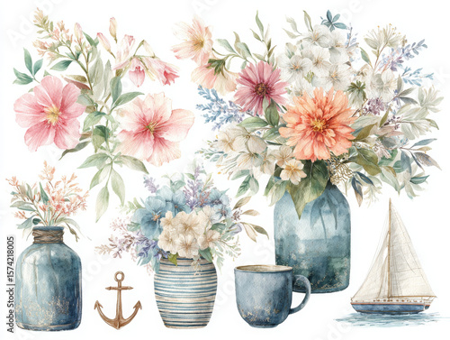 Fototapeta Naklejka Na Ścianę i Meble -  Floral bouquet creates serene seaside charm with touch of summer joy