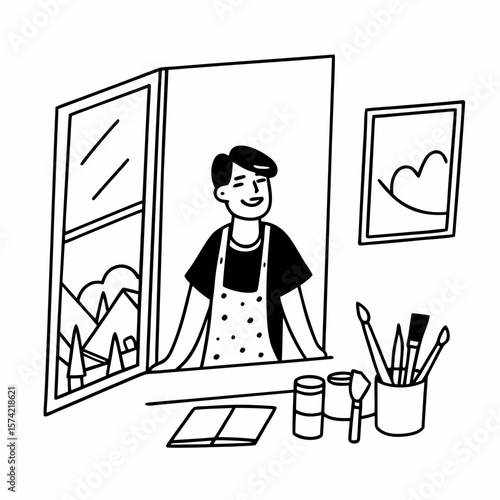Young hispanic artist man smiling happy leaning on the window at art studio