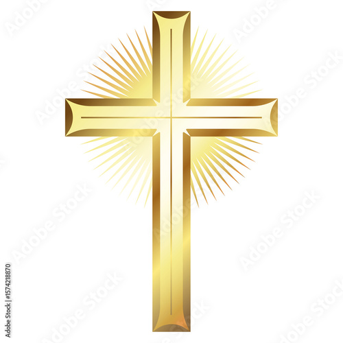 Golden Christian cross with rays of shine