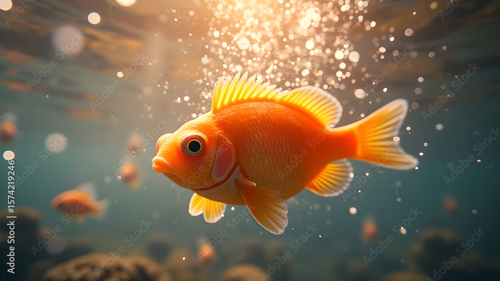 Fototapeta premium A vibrant close up of goldfish swimming gracefully beneath the water surface with sun light