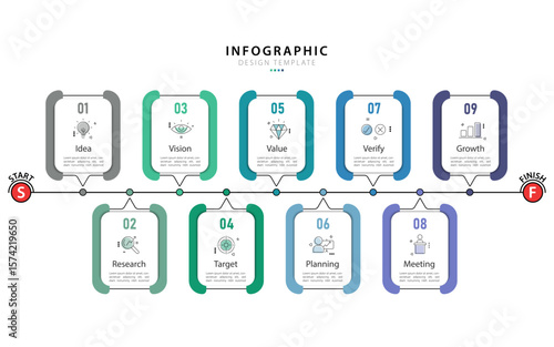 Infographic design template. Timeline concept with 9 options or steps template. layout, diagram, annual, report, presentation. Vector illustration.