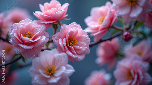 Delicate beauty light pink flowers adorned with tiny water droplets bloom on branch with soft blue background