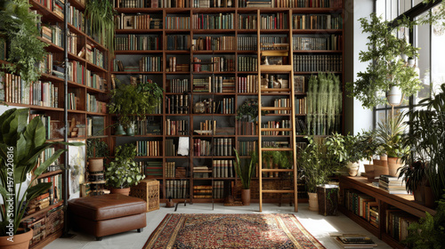 Home library interior with book-filled shelving units, a ladder, and green plants enhancing the space