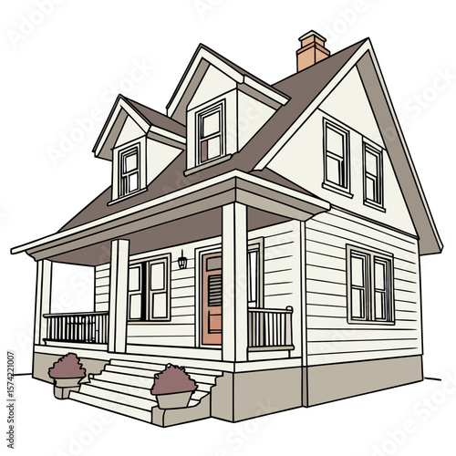 Cream colored house with brown roof and porch home