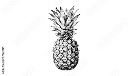 Antique style fresh pineapple sketch, vintage engraving, tropical fruit drawing, black line art, exotic food illustration, hand-drawn decorative design, retro botanical print, fruity aesthetics