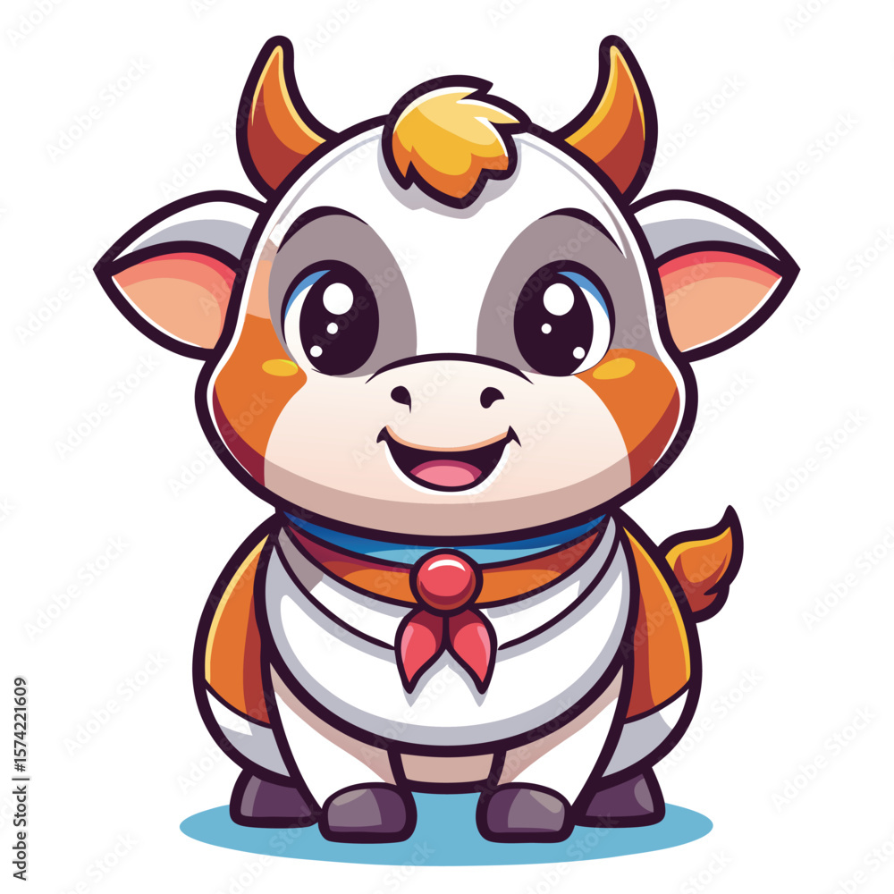 Obraz premium Cute cartoon cow with big eyes and a red bow tie