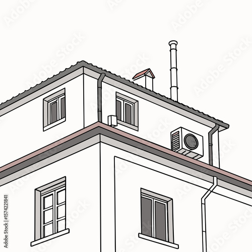 Building rooftop with windows air conditioner chimney