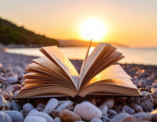 Open book on beach at sunset