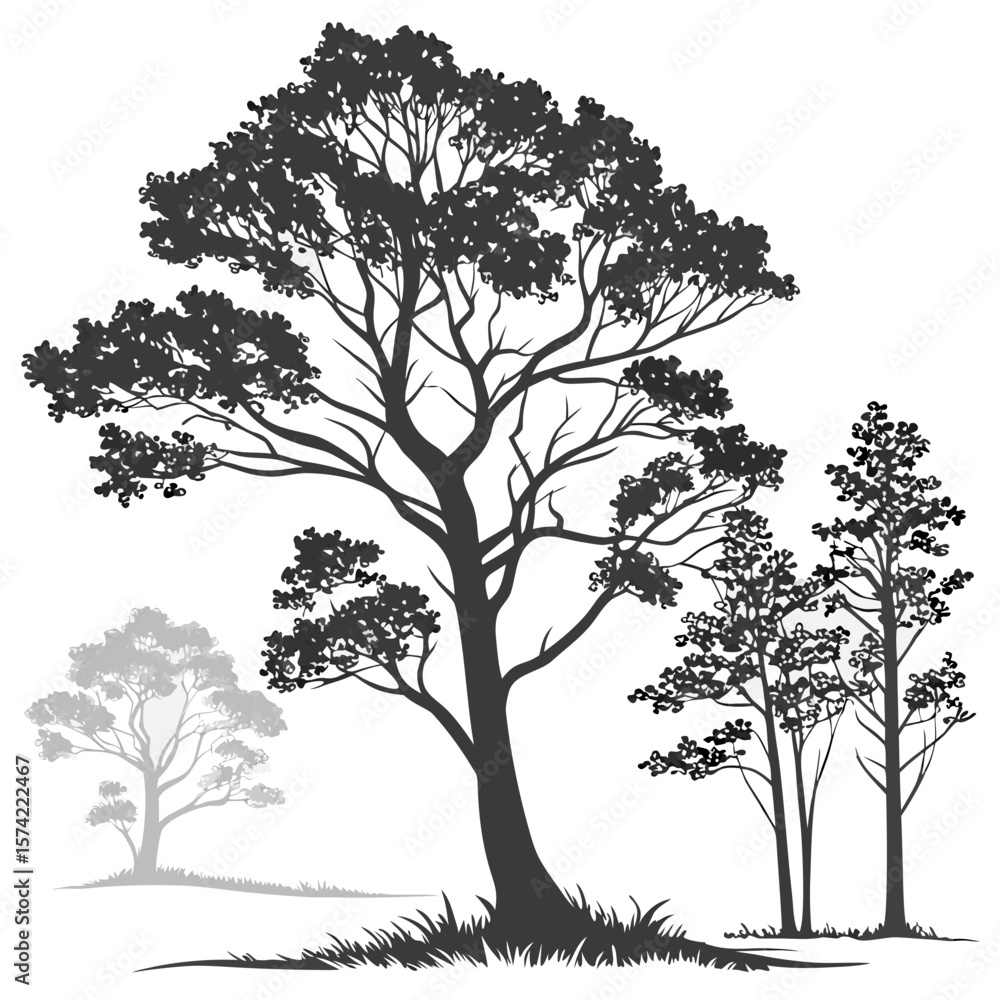 Obraz premium Dark trees with detailed foliage on white forest nature