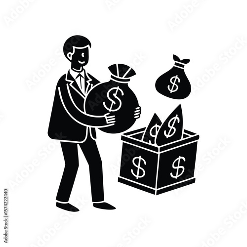 Man in suit depositing money bags into a box full of cash
