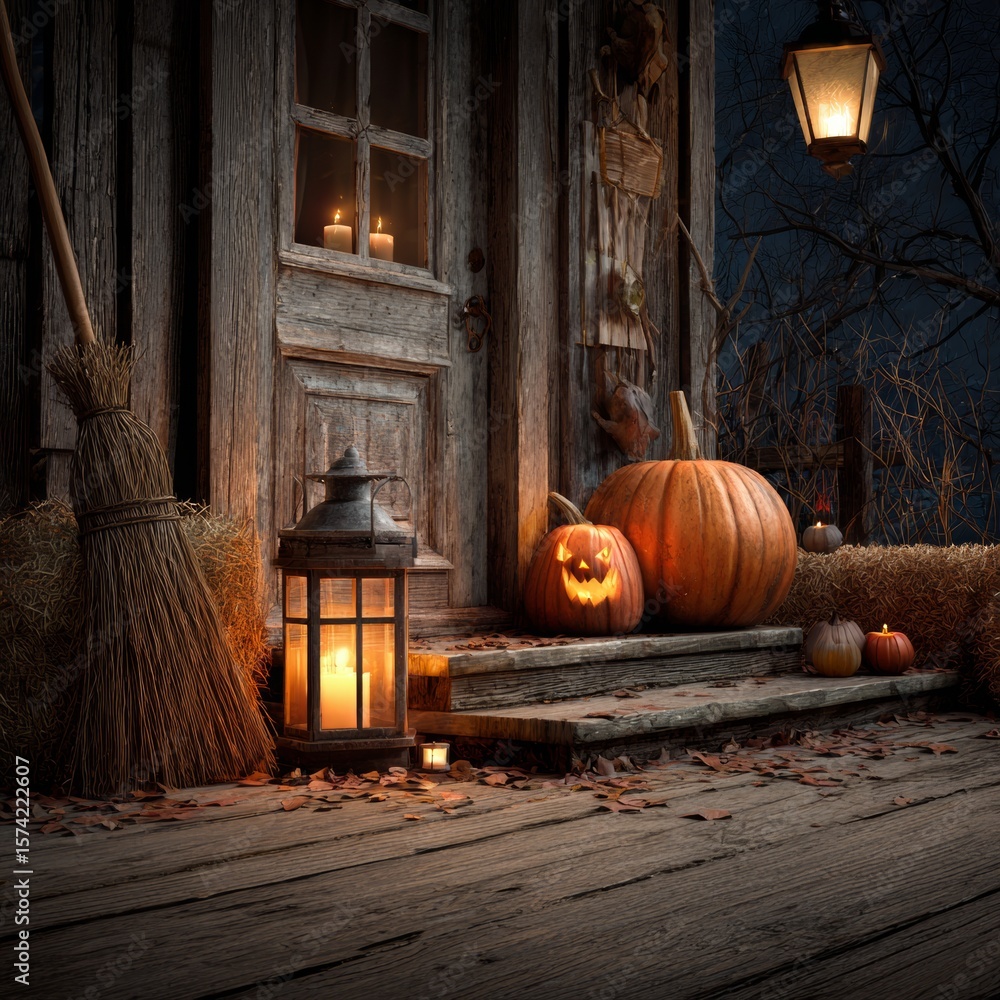 Obraz premium Halloween Decor with Pumpkin, Lantern, Broom, and Hay Bales at Night